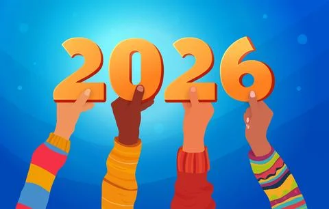 Multicultural hands holding 2026 numbers for New Year celebration Illustrazione stock