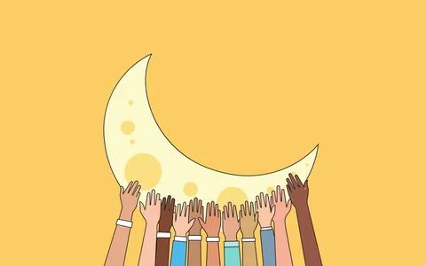 Multicultural Hands Holding Crescent Moon for Ramadan Kareem and Eid Mubara.. Illustration