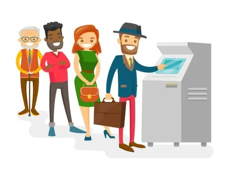 Multicultural people standing in a queue to ATM. 스톡 일러스트