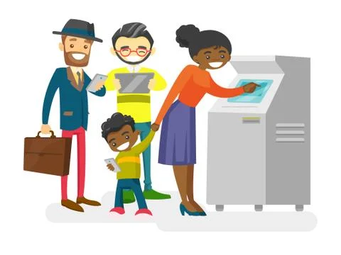 Multicultural people standing in a queue to ATM. Stock Illustration