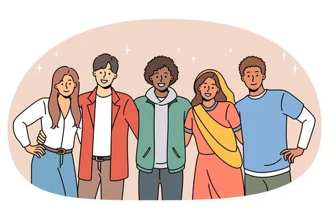Multicultural smiling friends pose hug together Illustrazione stock