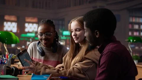 Multicultural students group discussing financial project for university course Stock Photos