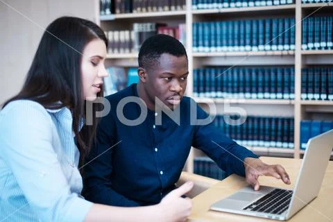 Multicultural Students Studying In A Public Library
