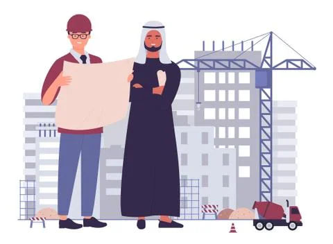 Multicultural team civil engineers at construction site flat character vector Stock Illustration