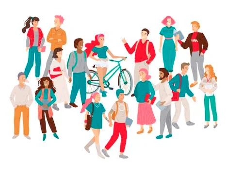 Multicultural team. Group of young men and women communicates. Vector Stock Illustration