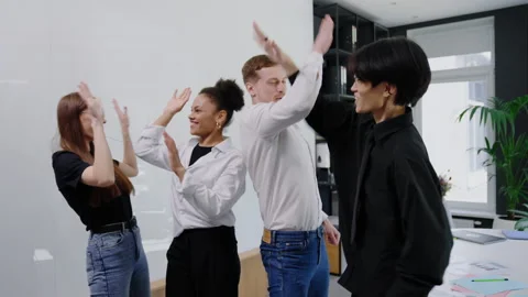 Multicultural team of office workers enjoys and look into the camera Stock Footage 219461071