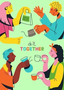 Multicultural team of oung people flat vector illustration. Unity in divers.. Stock Illustration