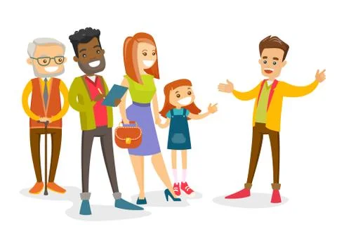 Multicultural tourists having excursion with guide Stock Illustration