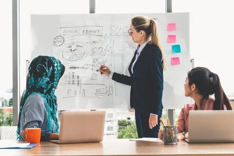 Multicultural working group in teamwork meeting. Stock Photos