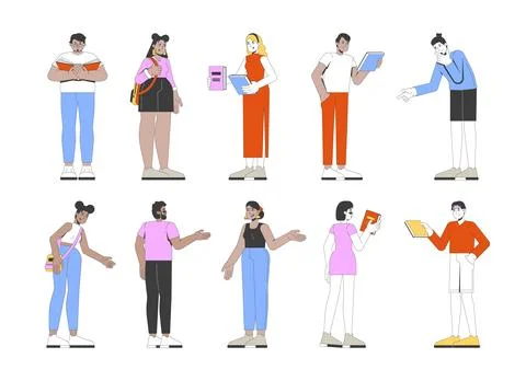 Multicultural young adults standing engaged with books 2D cartoon characters set Ilustración de archivo