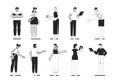 Multicultural young adults standing, engaged with books 2D line characters set Ilustración de archivo