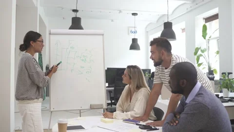 Multicultural young people collaborating on working strategy in office. Stock Footage 233704848