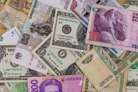 Multicurrency background of US dollars, Russian rubles, Belarusian rubles Stock Photos