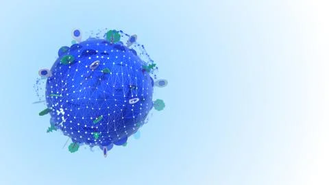 Multidimensional 3d illustration of a blue globe with modules, trees, icons,  Illustrazione stock