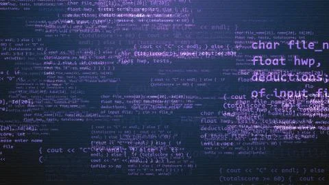 A multidimensional 3d illustration of a coding program with light violet text Stock Illustration