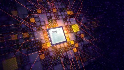 A multidimensional 3d illustration of a grey CPU tablet put aslant in the cen Stock Illustration