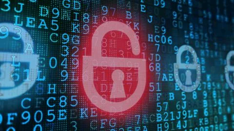 A multidimensional 3d rendering of a computer screen put aslant with blue cod Illustrazione stock