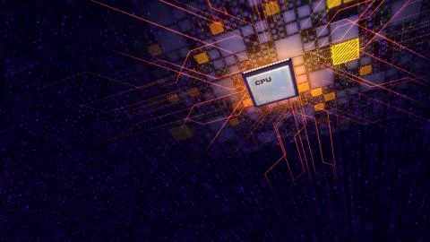 A multidimensional 3d rendering of a flying CPU processor in the violet cyber Illustrazione stock