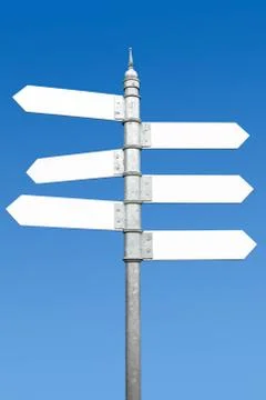 Multidirectional six way signpost with blank spaces for text. Photos