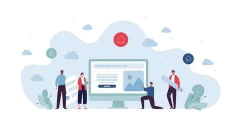 Multiethic team make interface on computer screen Illustrazione stock