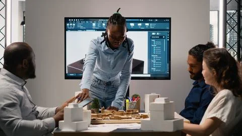 Multiethnic architecture developers using 3D models in brainstorming meeting Stock Photos