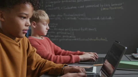 Multiethnic Boys Writing Computer Code on Laptops at Lesson in School Stock Footage 318718088
