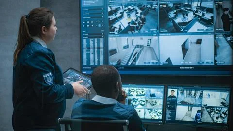 Multiethnic CCTV operators control security cameras on computer and tablet Stock Photos