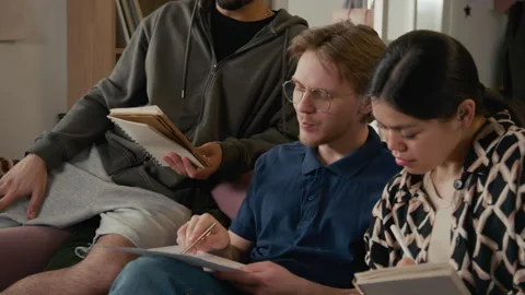 Multiethnic College Students Discussing Math Problem while Preparing for Test Stock Footage 336621141