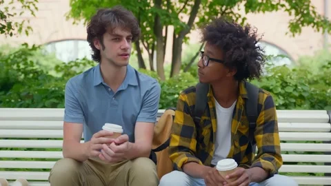 Multiethnic college students sitting on bench relaxing after classes drinking Stock Footage 158388549