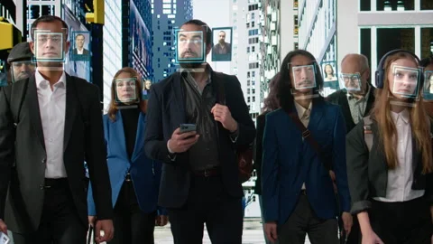 Multiethnic commuters tracked by AI vision software in urban environment, VFX Stock Footage 323830287