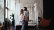Multiethnic Couple Dancing In Pajamas. African Male And Caucasian Female Look Stock Footage