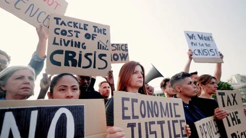 Multiethnic crowd of people protest for global inflation financial crisis Video stock 237894050