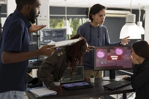 Multiethnic Developer Team Resolving Critical System Error Stock Photos