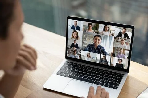 Multiethnic employees talk on video zoom call Stock Photos