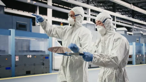 Multiethnic engineering team coworkers carry silicon wafer in microchip factory Stock Footage 333395488