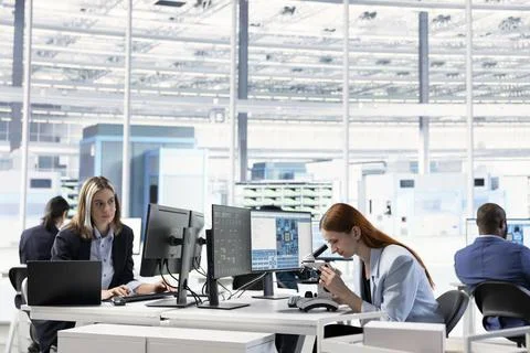 Multiethnic engineering team inspecting silicon wafer substrates Stock Photos