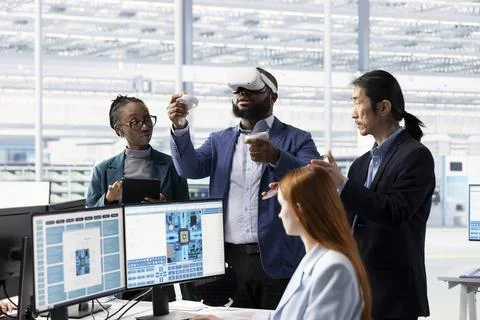 Multiethnic engineering team testing microchip electronics prototypes using VR Stock Photos