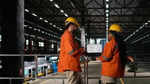 Multiethnic engineers, robot arm performance, laptop robotics, engineering plant Foto stock