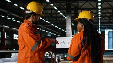Multiethnic engineers, robot arm performance, laptop robotics, engineering plant Stock Photos