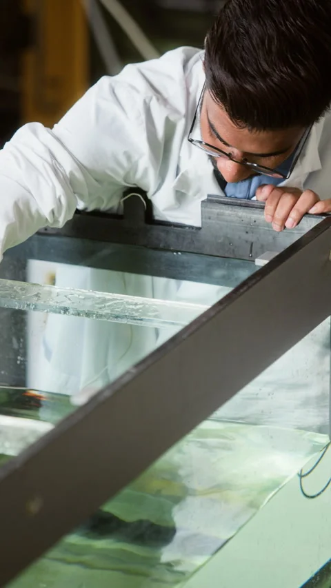 Multiethnic Engineers Testing Underwater Robot in Laboratory Tank Stock Footage 343528909