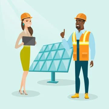 Multiethnic engineers working at solar power plant 스톡 일러스트