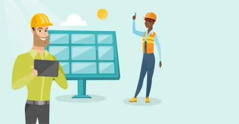 Multiethnic engineers working at solar power plant 스톡 일러스트