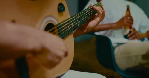 Multiethnic friends are resting in backyard, drinking beer and singing songs Stock Footage 252115443