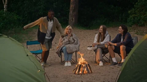 Multiethnic Friends Laughing and Having Fun by Campfire on Beach Stock Footage 343254273