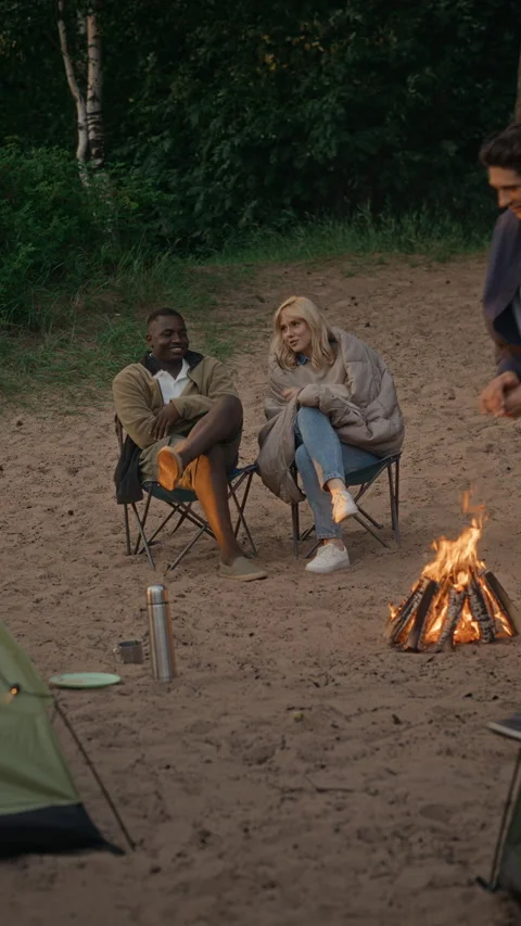 Multiethnic Friends Relaxing by Campfire during Evening Beach Camping Stock Footage 343249859