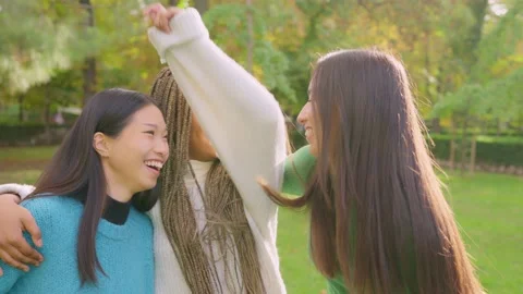 Multiethnic friends smiling at the camera in a park Stock Footage 234858038