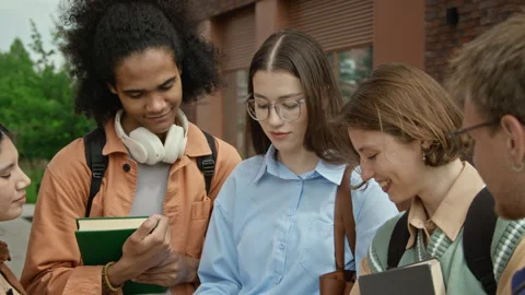 Multiethnic Group of College Students Talking Outdoors Stock Footage 342125702