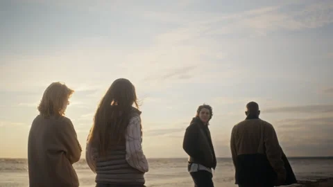 Multiethnic Group of Friends Embracing on Beach at Golden Hour Stock Footage 343247000