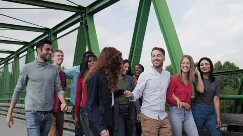 Multiethnic group of friends having fun walking on bridge park outdoor Stock Footage 196233390