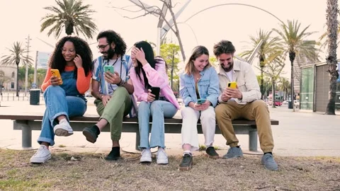 Multiethnic group of friends texting on their smartphones sitting on a bench in Stock Footage 248295314